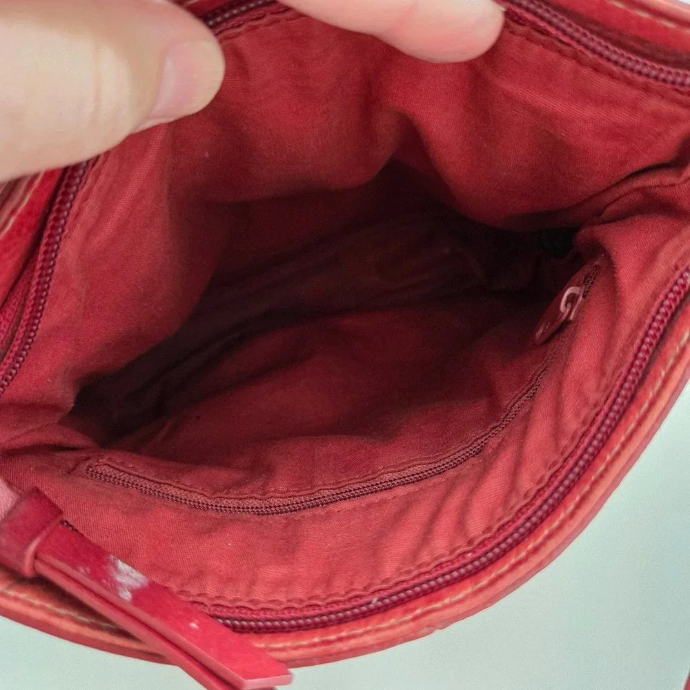 Vintage Fossil Crossbody Bag Red Pebbled Leather Boho Drawstring Small Womens OS